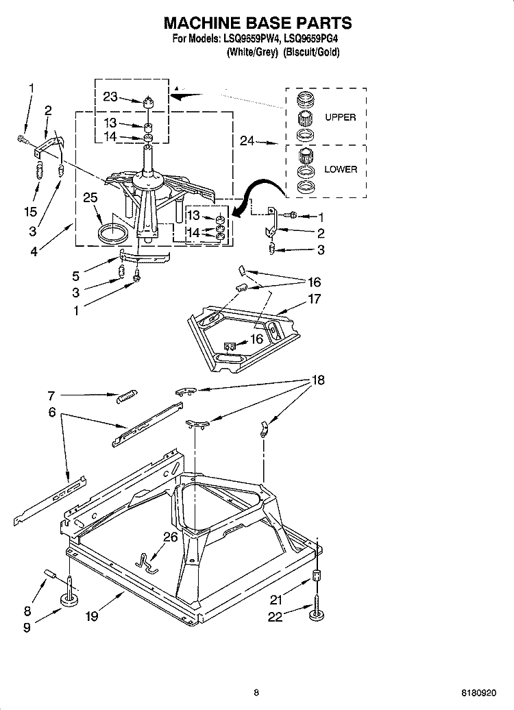 MACHINE BASE PARTS Diagram and Parts List for LSQ9659PG4  Whirlpool Washer