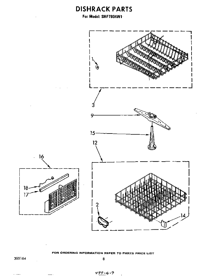 DISHRACK Diagram and Parts List for SHF7804W1  Whirlpool Dishwasher