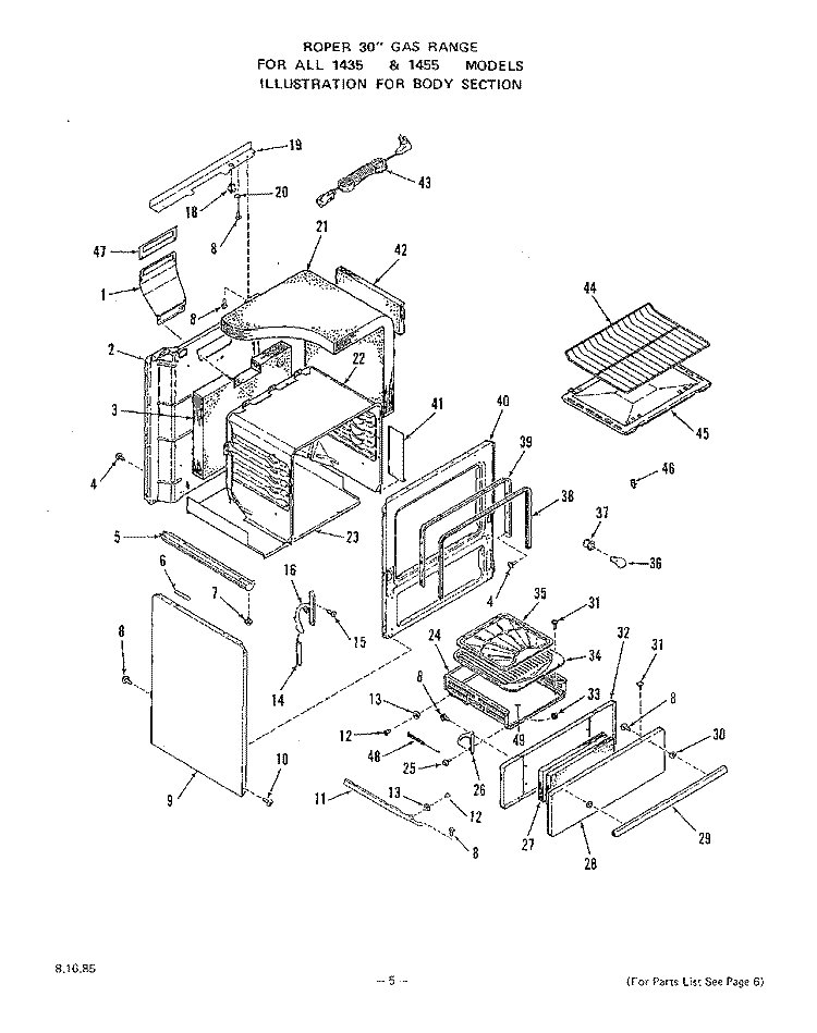 GRIDDLE Diagram and Parts List for 1435W0A  Roper Range