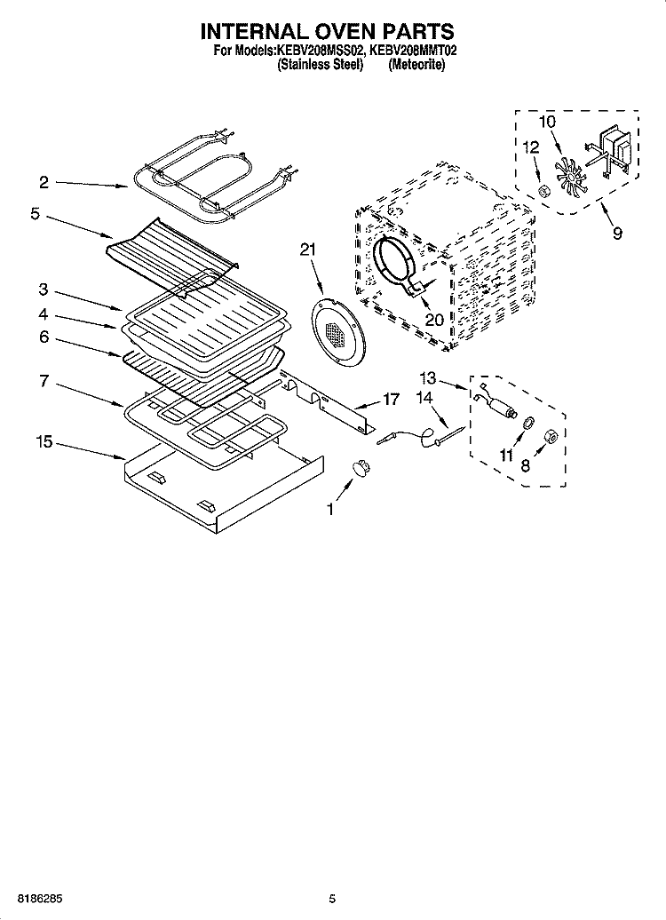 INTERNAL OVEN PARTS Diagram and Parts List for KEBV208MSS02  KitchenAid Wall Oven