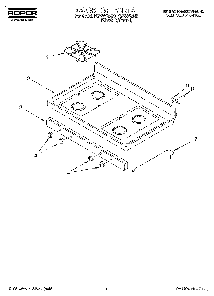 COOKTOP Diagram and Parts List for FGS335EW0  Roper Range