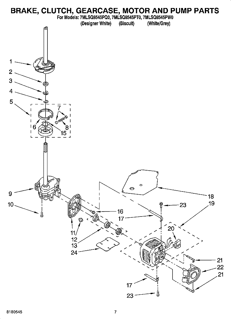 BRAKE, CLUTCH, GEARCASE, MOTOR AND PUMP PARTS Diagram and Parts List for 7MLSQ8545PT0  Whirlpool Washer