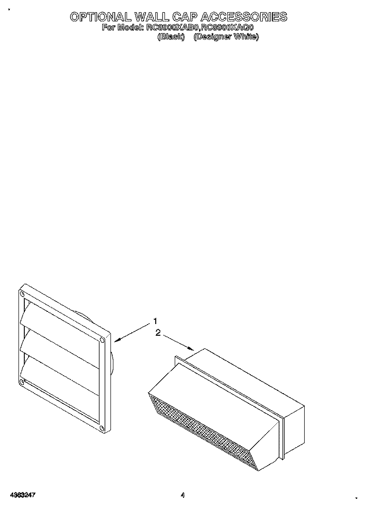 OPTIONAL WALL CAP ACCESSORIES Diagram and Parts List for RC8900XAB0  Whirlpool Cooktop