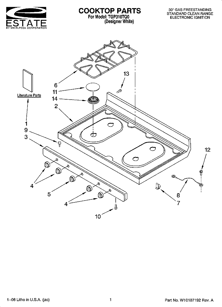 COOKTOP PARTS Diagram and Parts List for TGP310TQ0  Estate Range