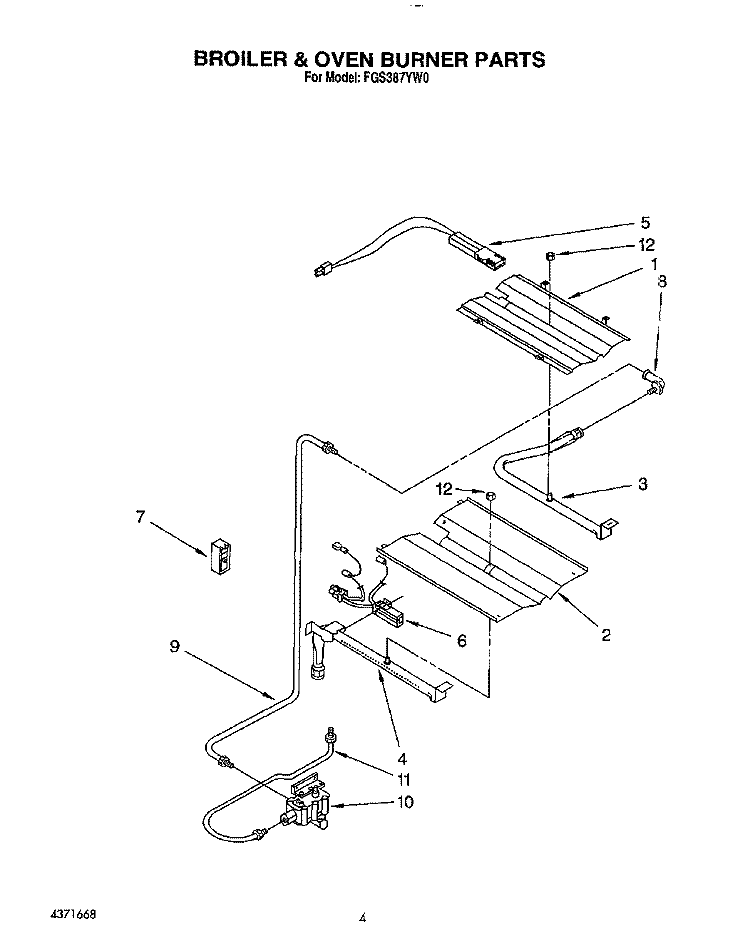 BROILER & OVEN BURNER Diagram and Parts List for FGS387YW0  Roper Range