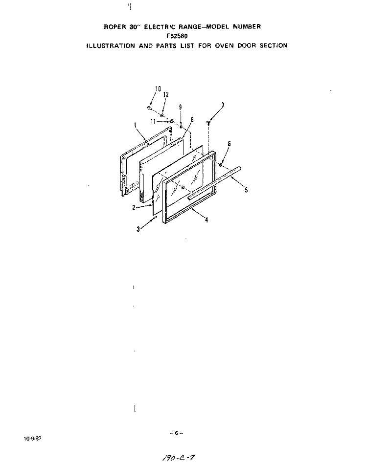 OVEN DOOR Diagram and Parts List for F5258L0  Roper Range