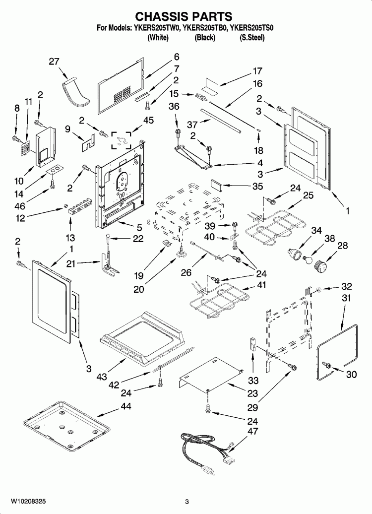 CHASSIS PARTS Diagram and Parts List for YKERS205TW0  KitchenAid Range
