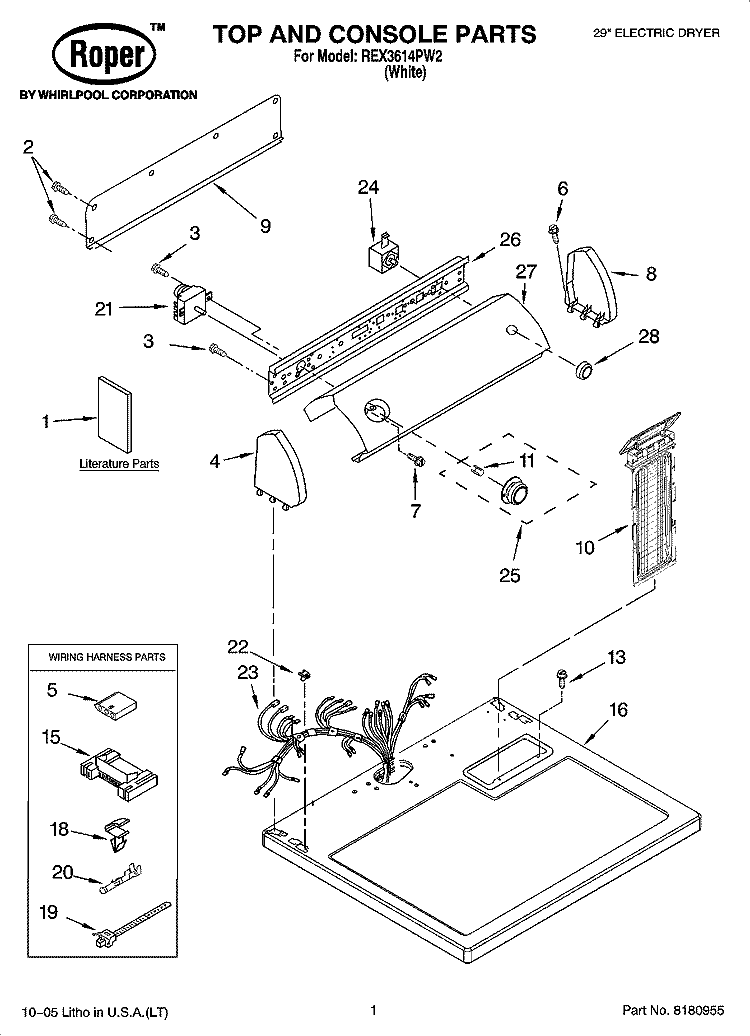 TOP AND CONSOLE PARTS Diagram and Parts List for REX3614PW2  Roper Dryer
