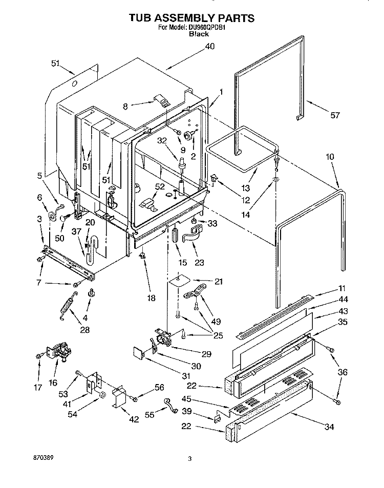 TUB ASSEMBLY Diagram and Parts List for DU960QPDB1  Whirlpool Dishwasher