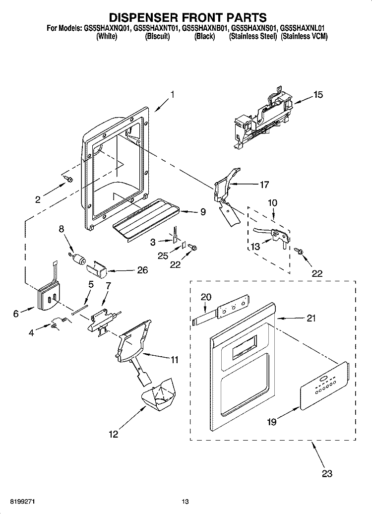 DISPENSER FRONT PARTS Diagram and Parts List for GS5SHAXNL01  Whirlpool Refrigerator