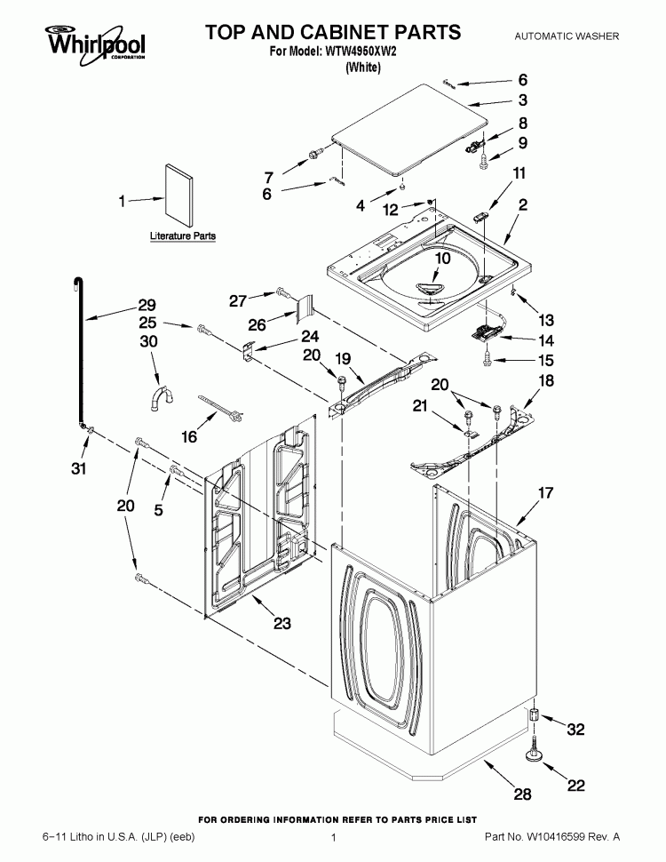 TOP AND CABINET PARTS Diagram and Parts List for WTW4950XW2  Whirlpool Washer