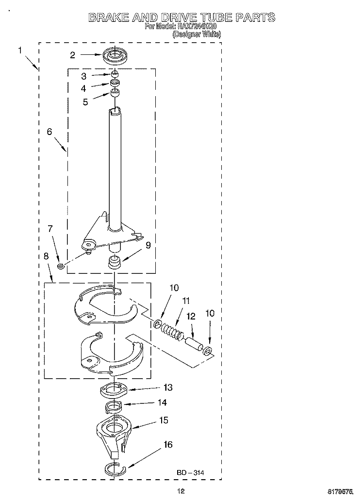 BRAKE AND DRIVE TUBE Diagram and Parts List for RAX7244KQ0  Roper Washer