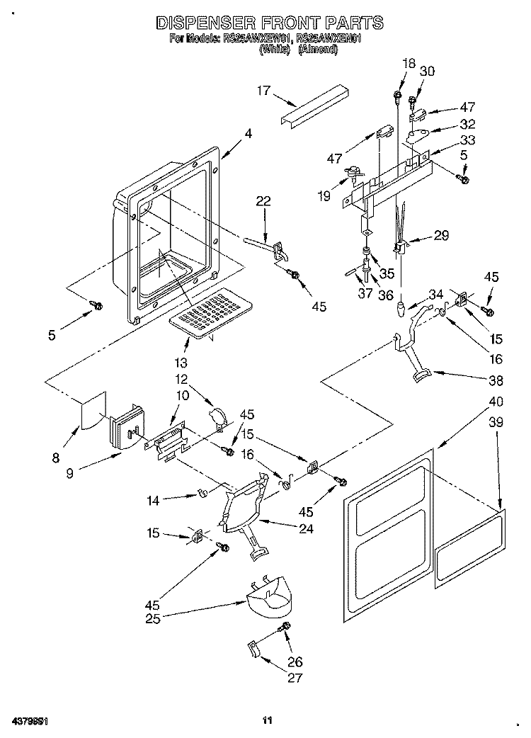 DISPENSER FRONT Diagram and Parts List for RS25AWXEN01  Roper Refrigerator