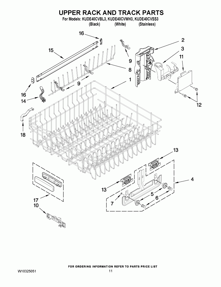 UPPER RACK AND TRACK PARTS Diagram and Parts List for KUDE40CVWH3  KitchenAid Dishwasher