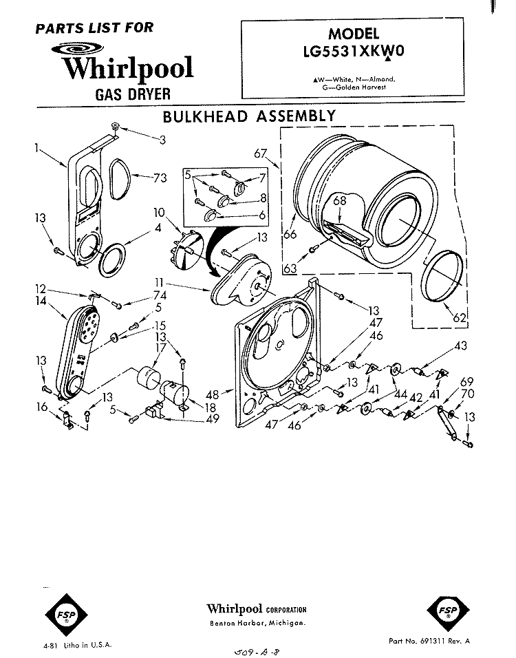 BULKHEAD Diagram and Parts List for LG5531XKW0  Whirlpool Dryer
