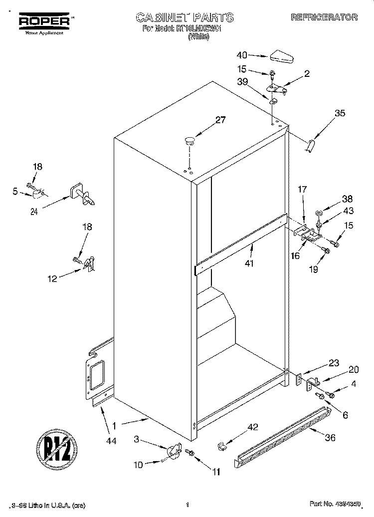 CABINET Diagram and Parts List for RT16LMXEW01  Roper Refrigerator