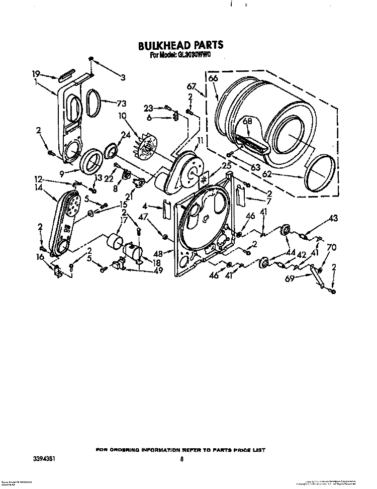 BULKHEAD Diagram and Parts List for GL3030WW0  Roper Dryer