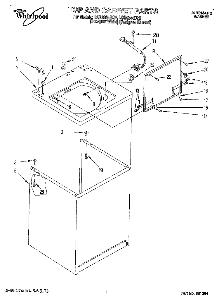 TOP AND CABINET, LIT/OPTIONAL Diagram and Parts List for LSR8244DZ0  Whirlpool Washer
