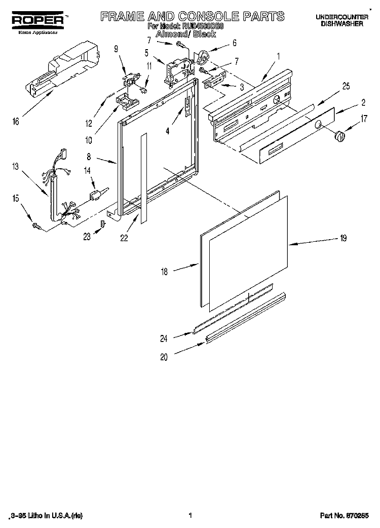 FRAME AND CONSOLE Diagram and Parts List for RUD4500DB0  Roper Dishwasher