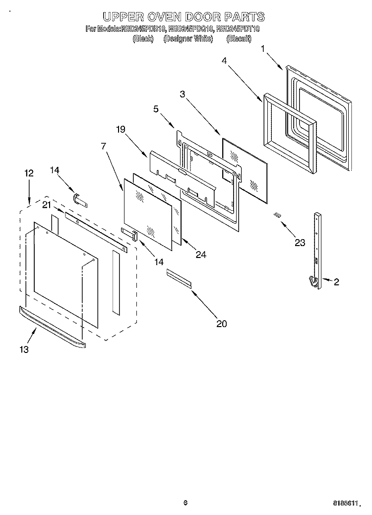 UPPER OVEN DOOR Diagram and Parts List for RBD245PDT10  Whirlpool Wall Oven