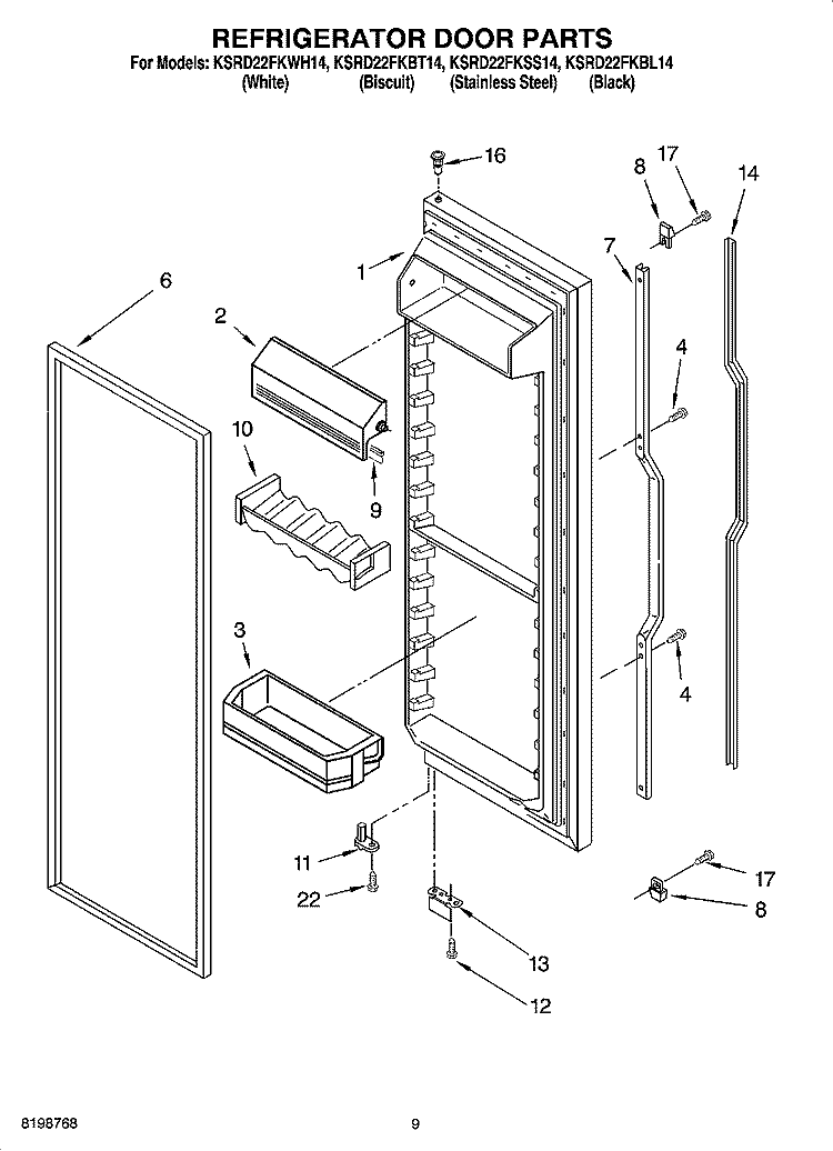 REFRIGERATOR DOOR PARTS Diagram and Parts List for KSRD22FKBL14  KitchenAid Refrigerator