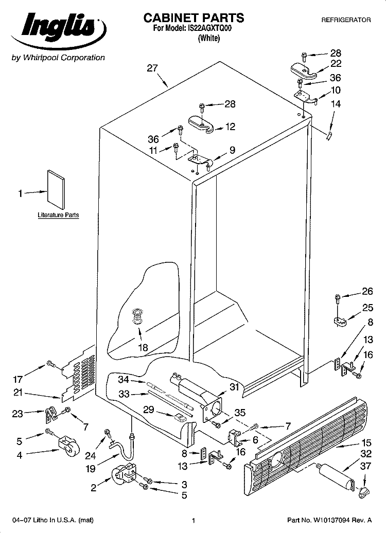 CABINET PARTS Diagram and Parts List for IS22AGXTQ00  Inglis Refrigerator