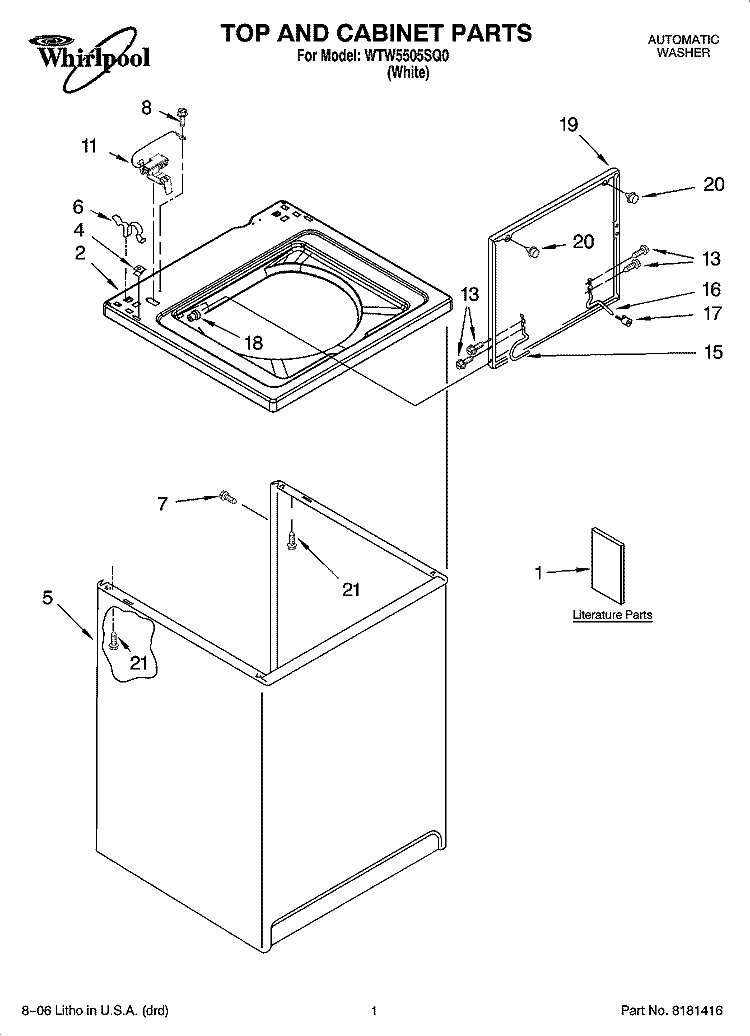 TOP AND CABINET PARTS Diagram and Parts List for WTW5505SQ0  Whirlpool Washer