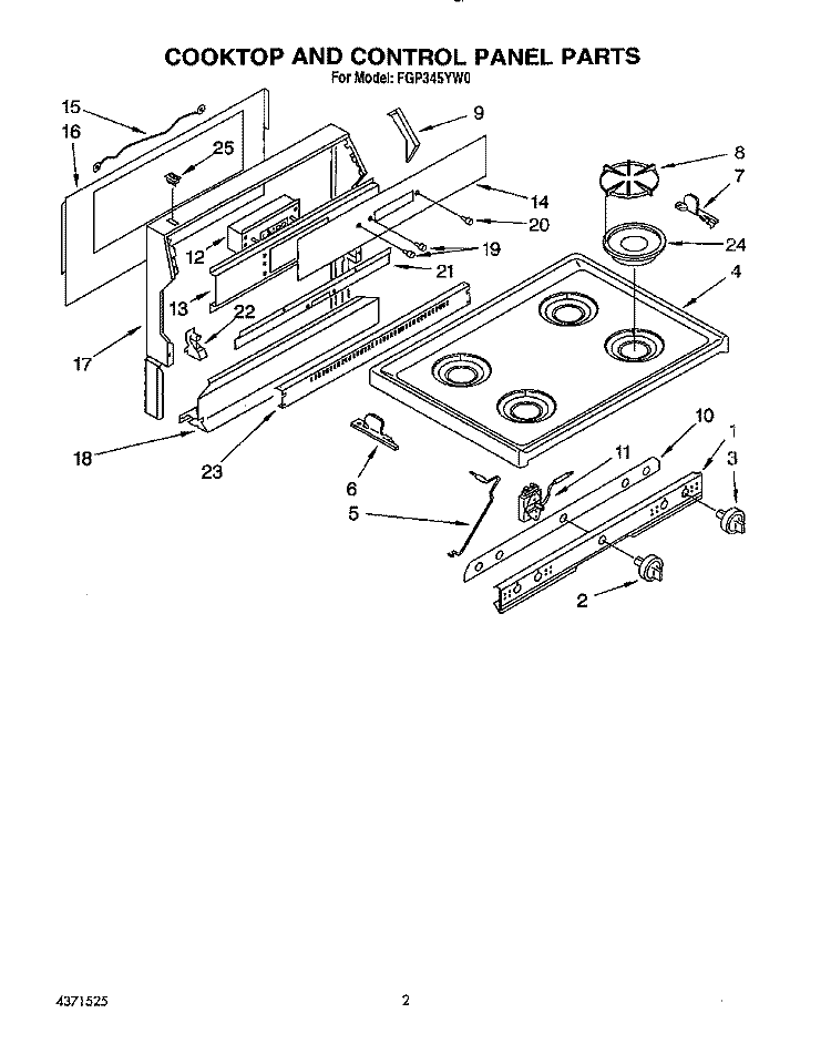 COOKTOP AND CONTROL PANEL, LIT/OPTI Diagram and Parts List for FGP345YL0  Whirlpool Range