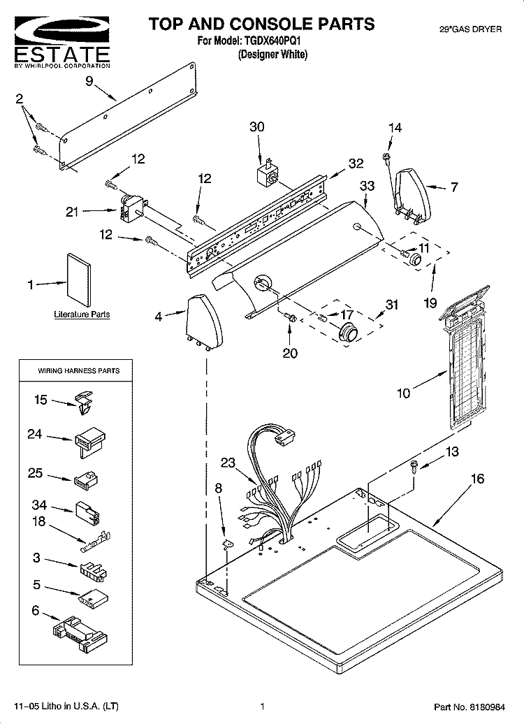 TOP AND CONSOLE PARTS Diagram and Parts List for TGDX640PQ1  Estate Dryer