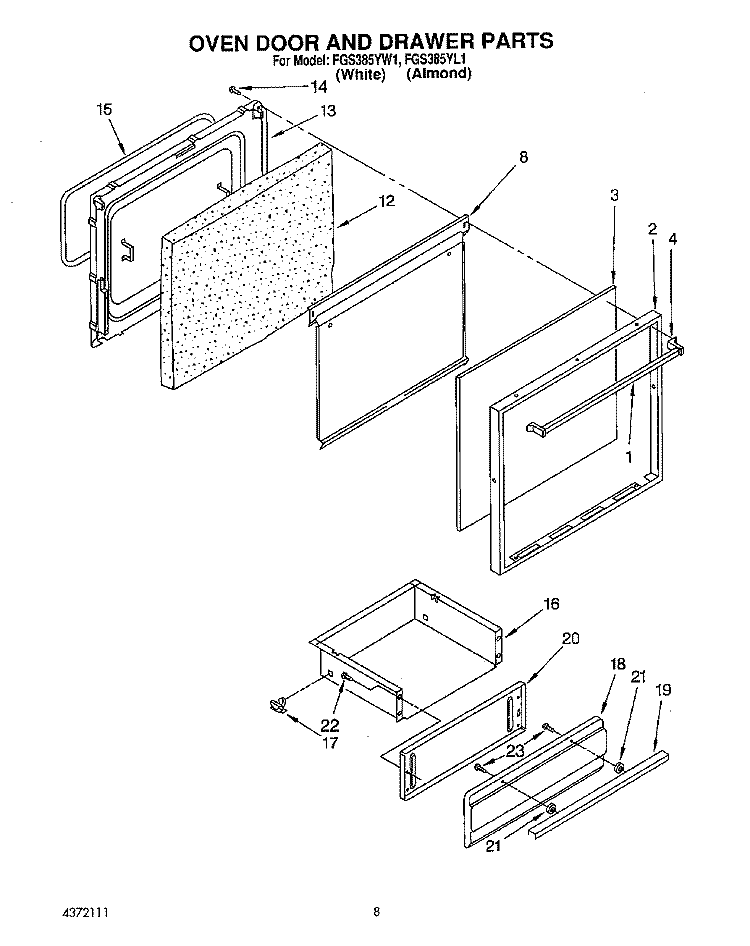OVEN DOOR AND DRAWER Diagram and Parts List for FGS385YL1  Whirlpool Range