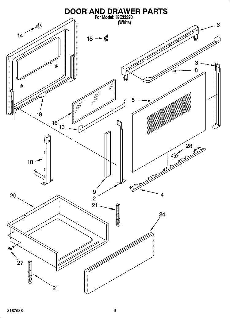 DOOR AND DRAWER PARTS Diagram and Parts List for IKE33320  Inglis Range