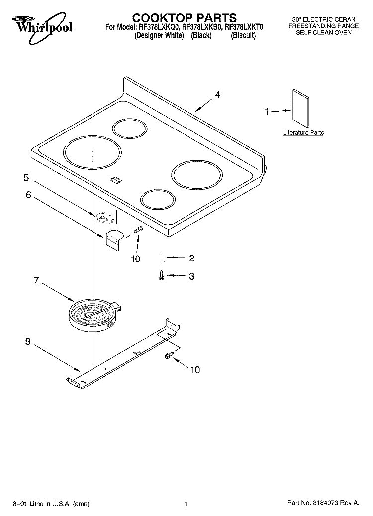 COOKTOP, LITERATURE Diagram and Parts List for RF378LXKT0  Whirlpool Range