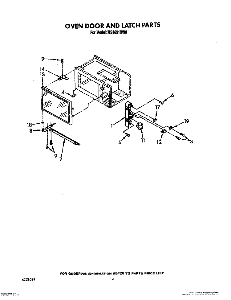 OVEN DOOR AND LATCH Diagram and Parts List for MS1651XW0  Whirlpool Microwave