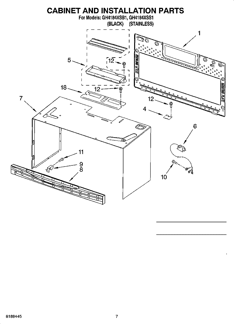 CABINET AND INSTALLATION PARTS Diagram and Parts List for GH4184XSS1  Whirlpool Microwave