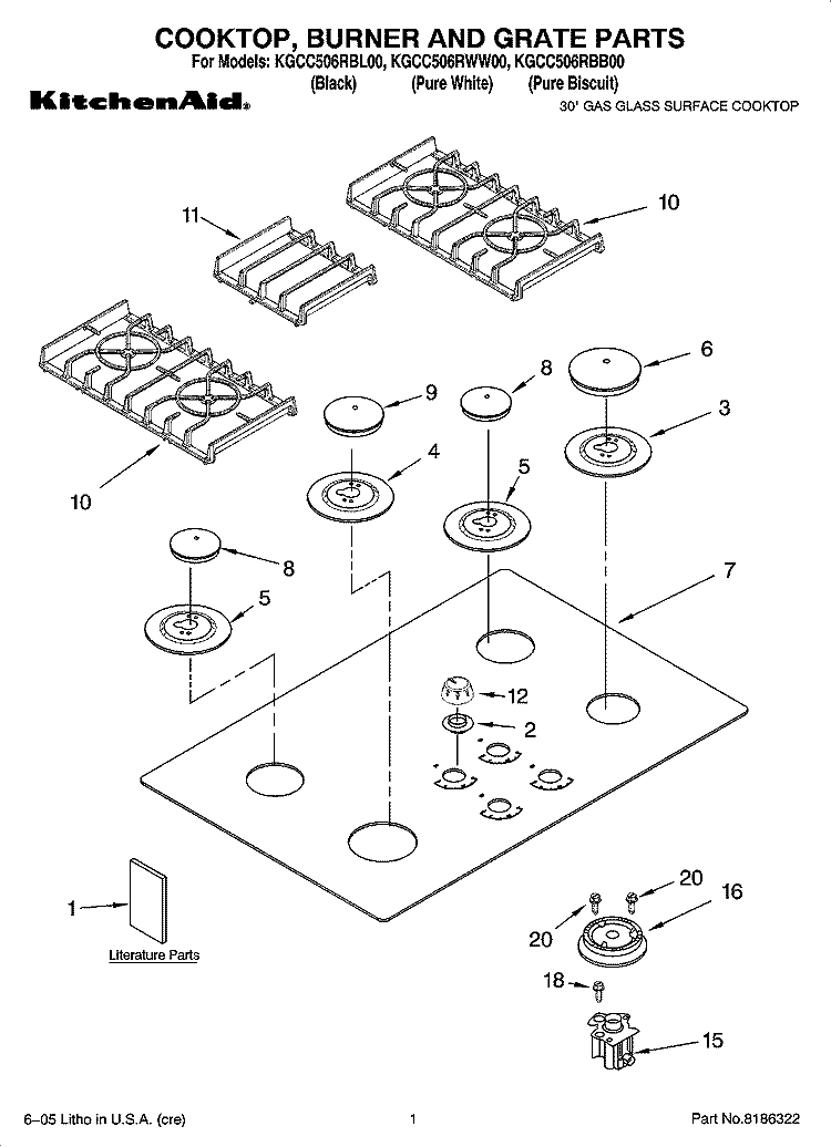 COOKTOP, BURNER AND GRATE PARTS Diagram and Parts List for KGCC506RWW00  KitchenAid Cooktop