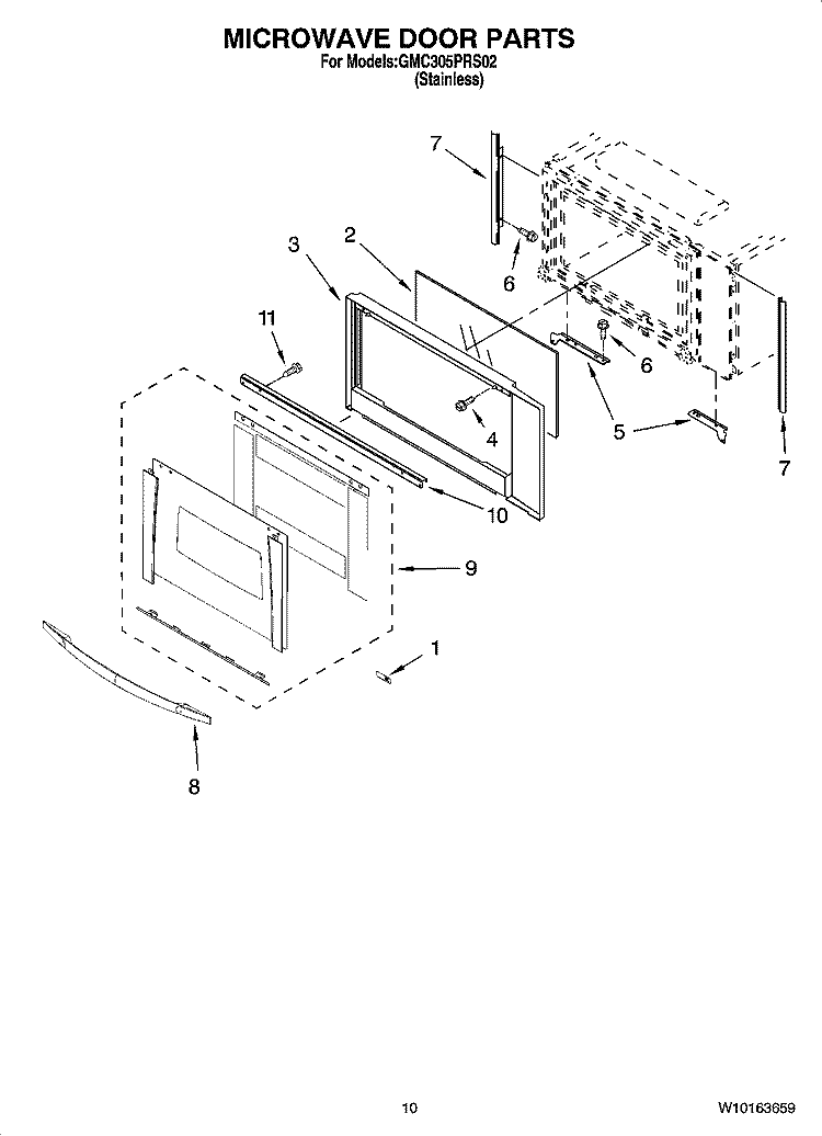 MICROWAVE DOOR PARTS Diagram and Parts List for GMC305PRS02  Whirlpool Microwave Oven Combo