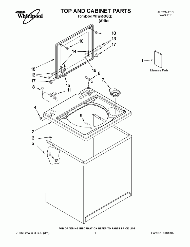 TOP AND CABINET PARTS Diagram and Parts List for WTW5530SQ0  Whirlpool Washer