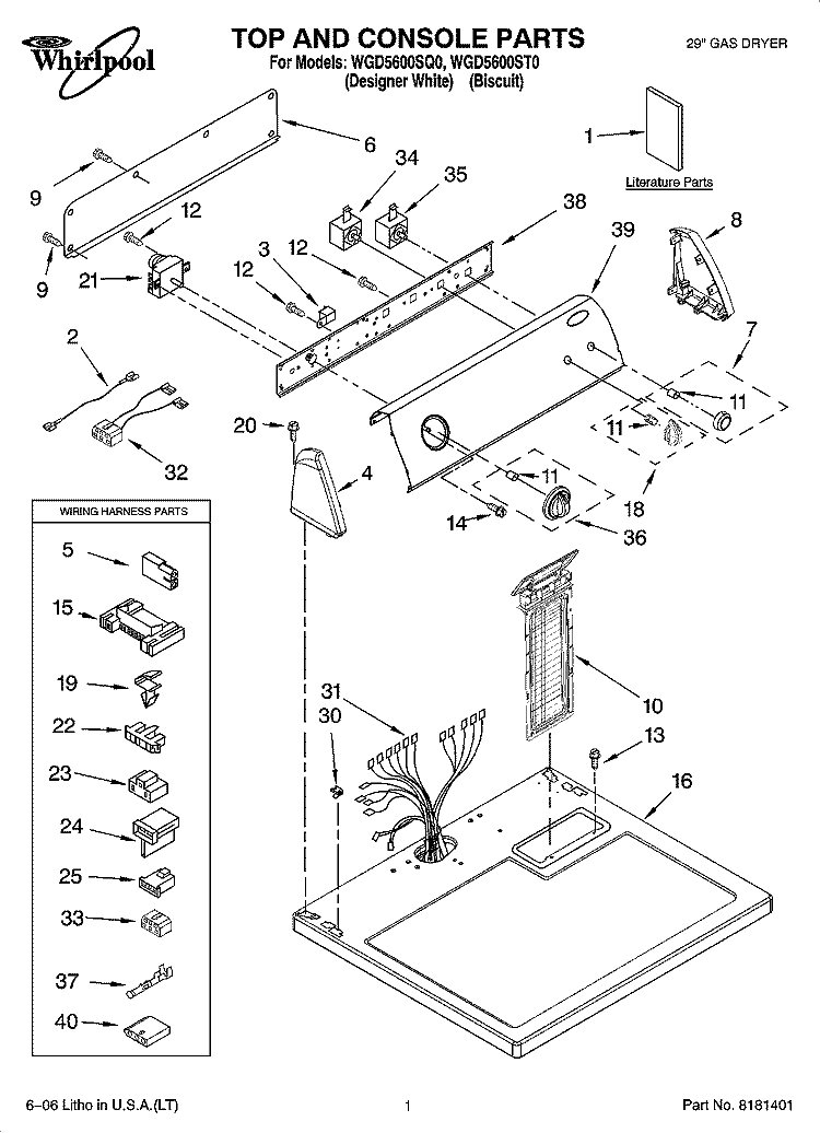 TOP AND CONSOLE PARTS Diagram and Parts List for WGD5600SQ0  Whirlpool Dryer
