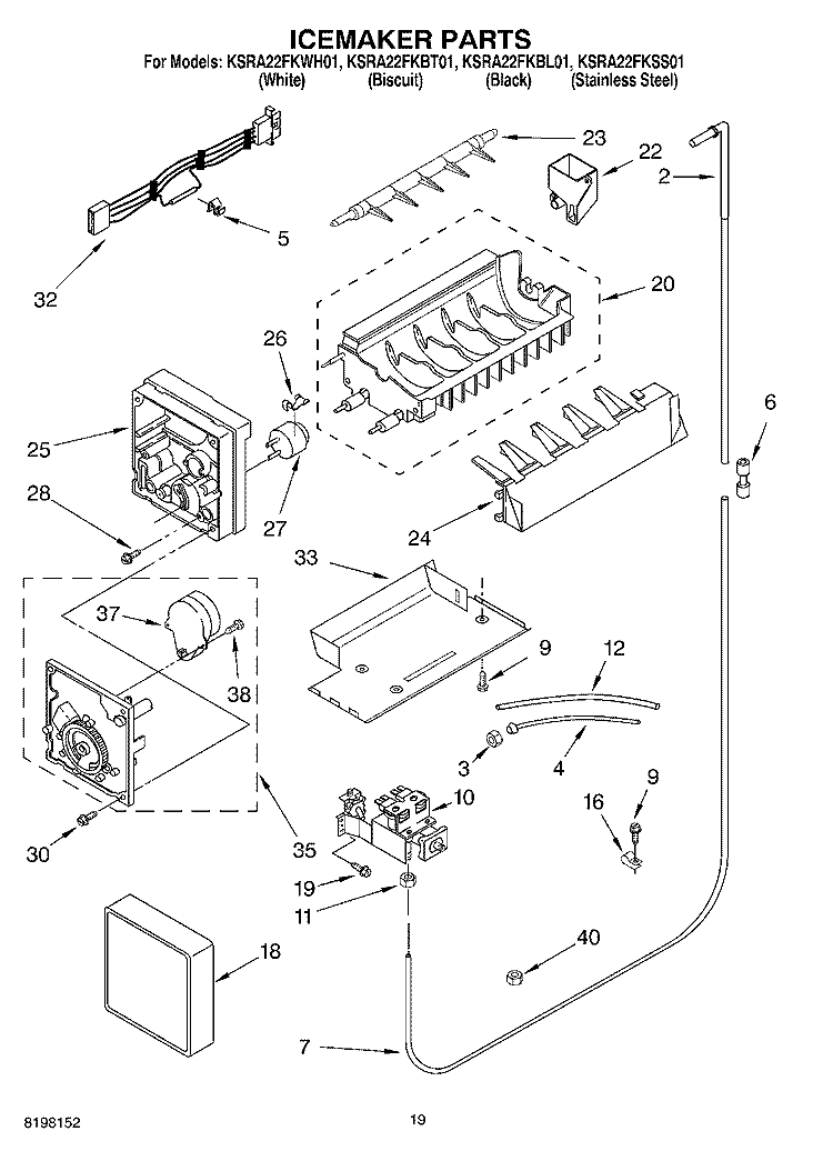 ICEMAKER PARTS Diagram and Parts List for KSRA22FKWH01  KitchenAid Refrigerator