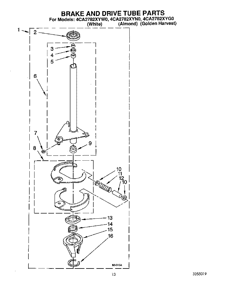 BRAKE AND DRIVE TUBE Diagram and Parts List for 4CA2782XYG0  Whirlpool Washer