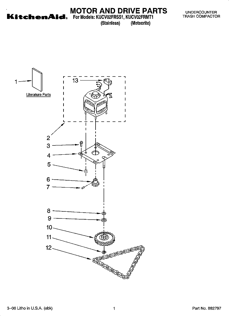 MOTOR AND DRIVE PARTS Diagram and Parts List for KUCV02FRMT1  KitchenAid Trash Compactor