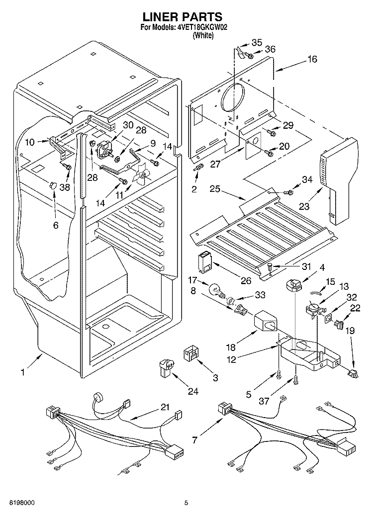 LINER Diagram and Parts List for 4VET18GKGW02  Whirlpool Refrigerator