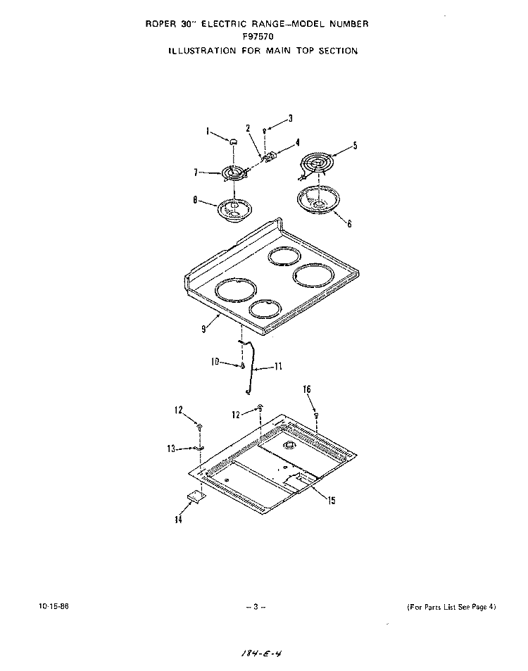 MAIN TOP Diagram and Parts List for F9757W0  Roper Range
