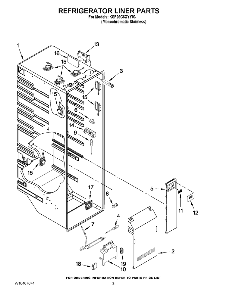 REFRIGERATOR LINER PARTS Diagram and Parts List for KSF26C6XYY03  KitchenAid Refrigerator