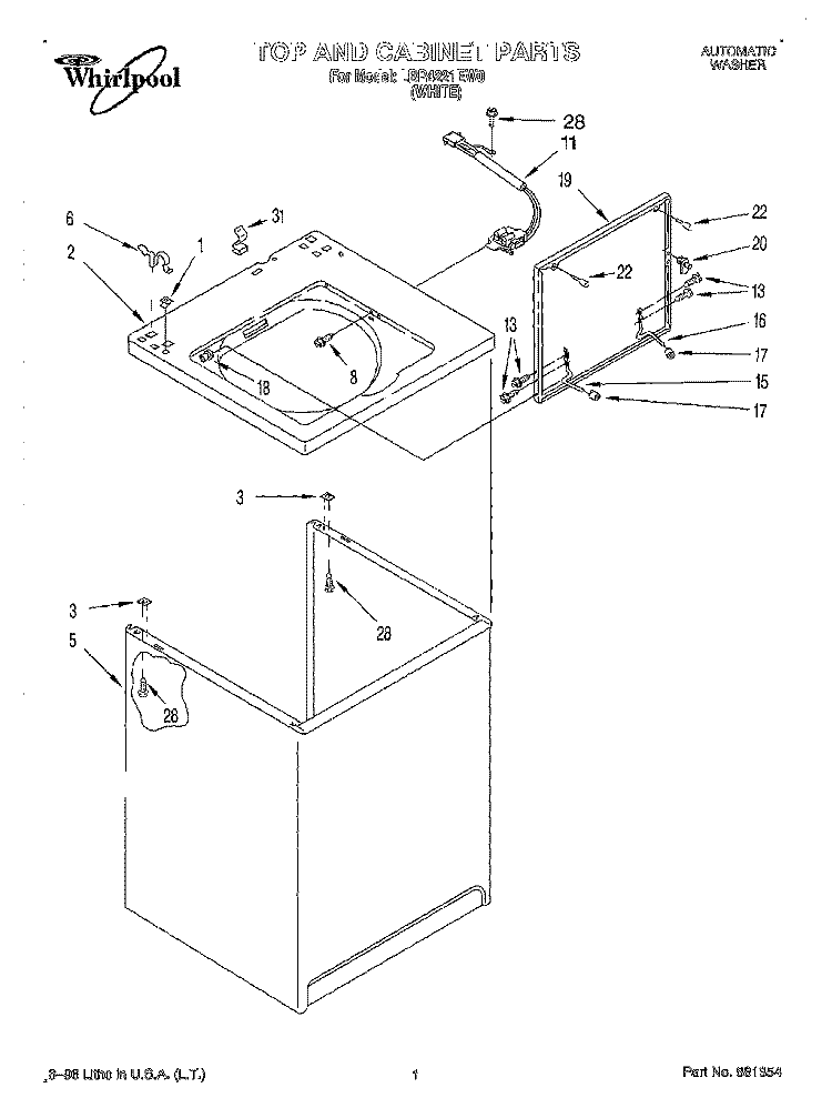 TOP AND CABINET Diagram and Parts List for LBR4221EW0  Whirlpool Washer
