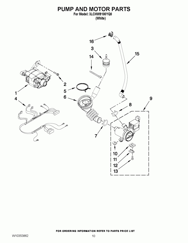 PUMP AND MOTOR PARTS Diagram and Parts List for 3LCHW9100YQ0  Whirlpool Washer