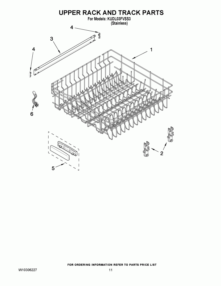 UPPER RACK AND TRACK PARTS Diagram and Parts List for KUDL03FVSS3  KitchenAid Dishwasher