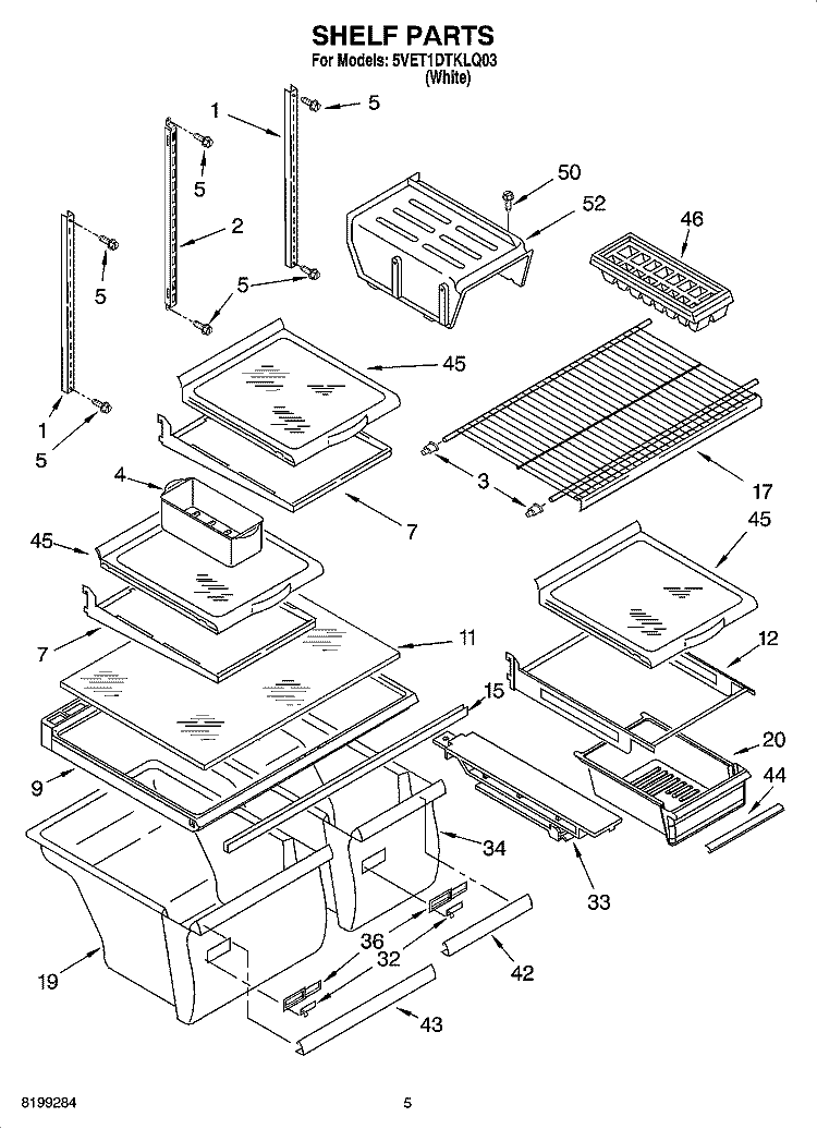 SHELF PARTS Diagram and Parts List for 5VET1DTKLQ03  Whirlpool Refrigerator
