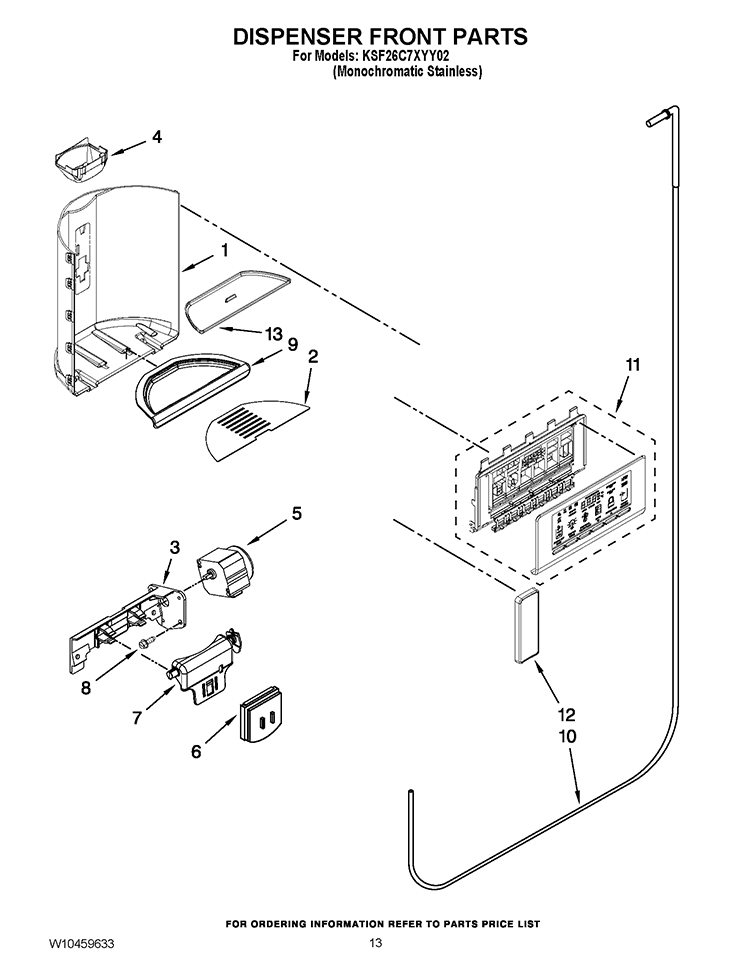 DISPENSER FRONT PARTS Diagram and Parts List for KSF26C7XYY02  KitchenAid Refrigerator