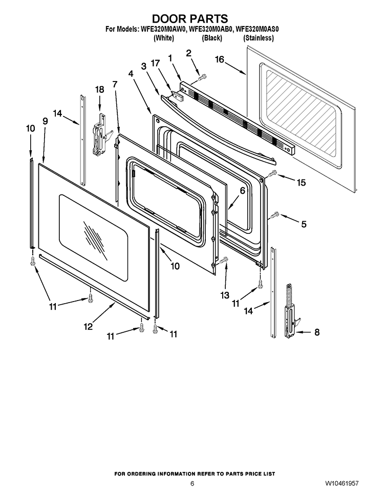 DOOR PARTS Diagram and Parts List for WFE320M0AB0  Whirlpool Range
